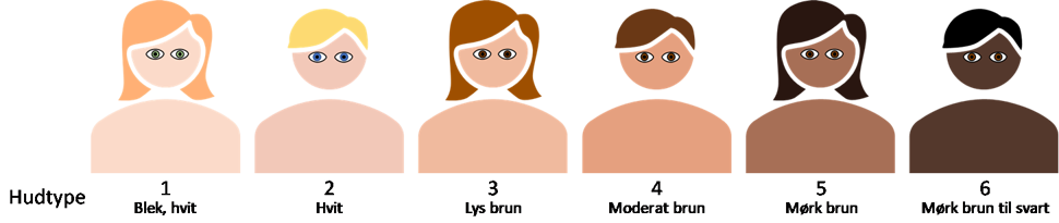 Hudfargen er avhengig av mengden melanin i huden. Jo mer melanin, jo mørkere hud. Ofte refererer man til hudtyper 1–6, hvor type 1 er veldig lys hud og type 6 er veldig mørk hud.