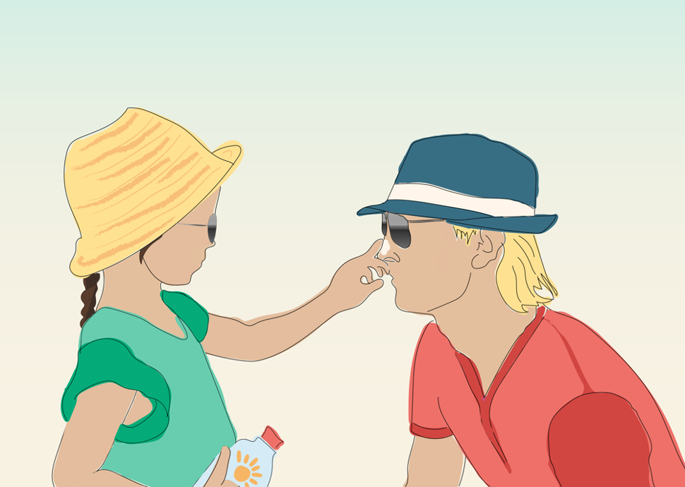 illustrasjon av jente som smører solkrem på nesen til faren sin