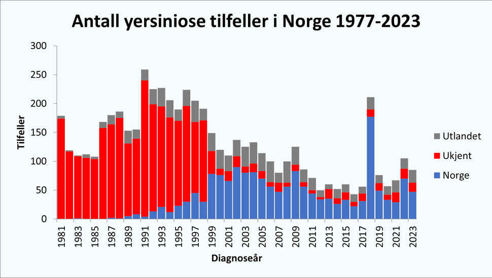Graf over yersiniose i Norge meldt MSIS 1977-2023