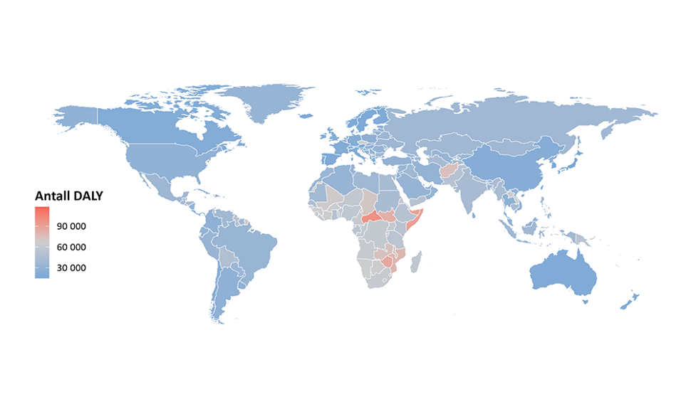 Figur 5 viser Antall DALY per 100 000 for alle land i verden der det er justert for forskjeller i alderssammensetning mellom land. Kilde: Global Burden of Disease prosjektet (GBD2021). Bilde.