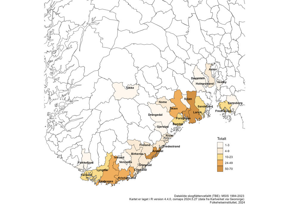 Kart viser meldte smittesteder for skogflåttencefalitt 1994-2023. Alle tilfellene med smittested Asker er lokalisert i Gamle Hurum kommune. Forekomsten strekker seg fra Flekkefjord langs kysten til Sandefjord deretter over til Østfold-kysten.