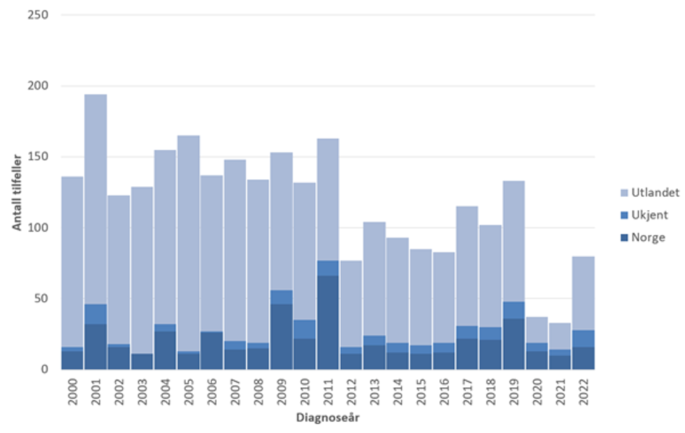 Antall shigellosetilfeller meldt til MSIS 2000-2022 etter diagnoseår og smittested