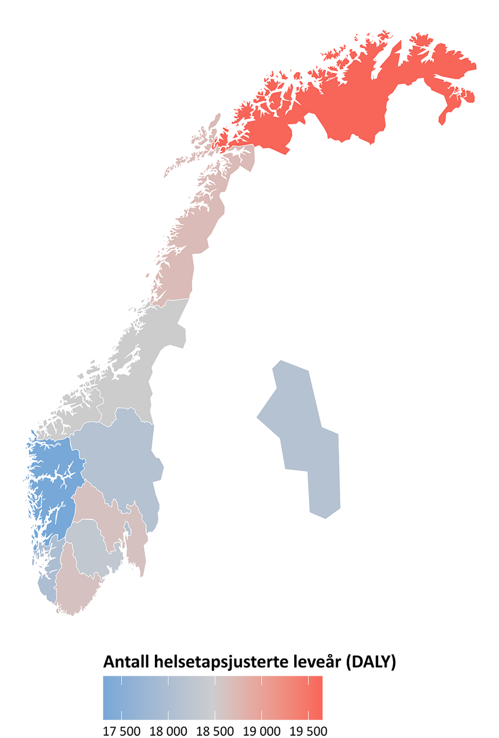Norgeskart som viser fordeling av helsetapsjusterte leveår (DALY). Bilde
