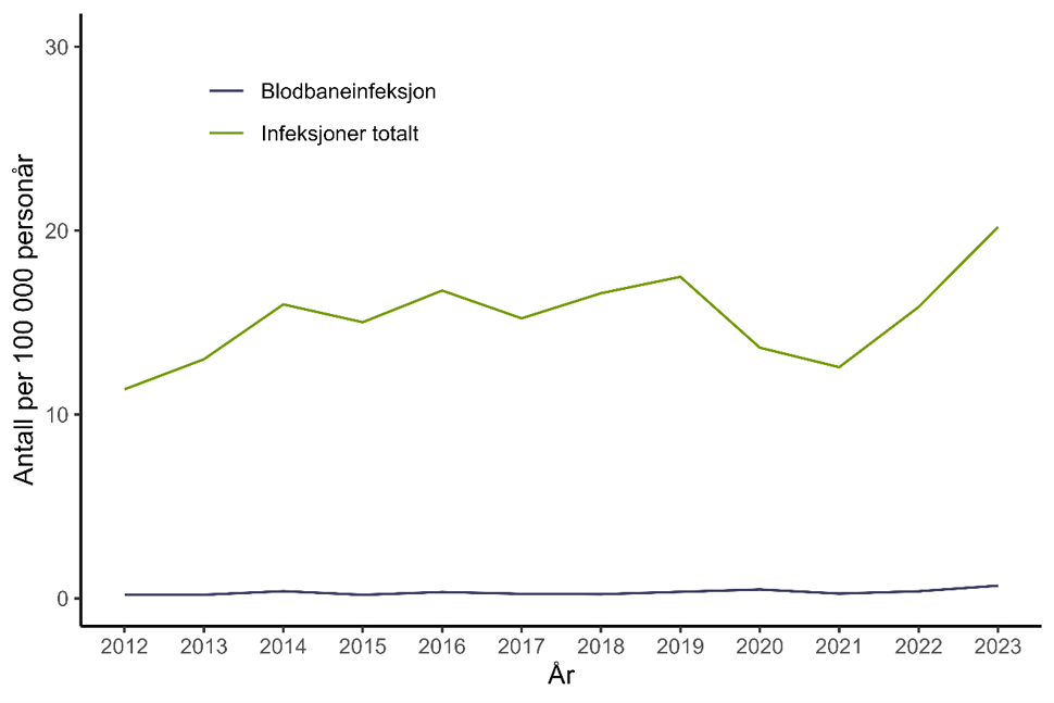 Figur 18. Antall personer per 100.000 personår meldt til MSIS med infeksjon med MRSA i perioden 2012- 2023 fordelt på infeksjoner totalt og blodbaneinfeksjoner