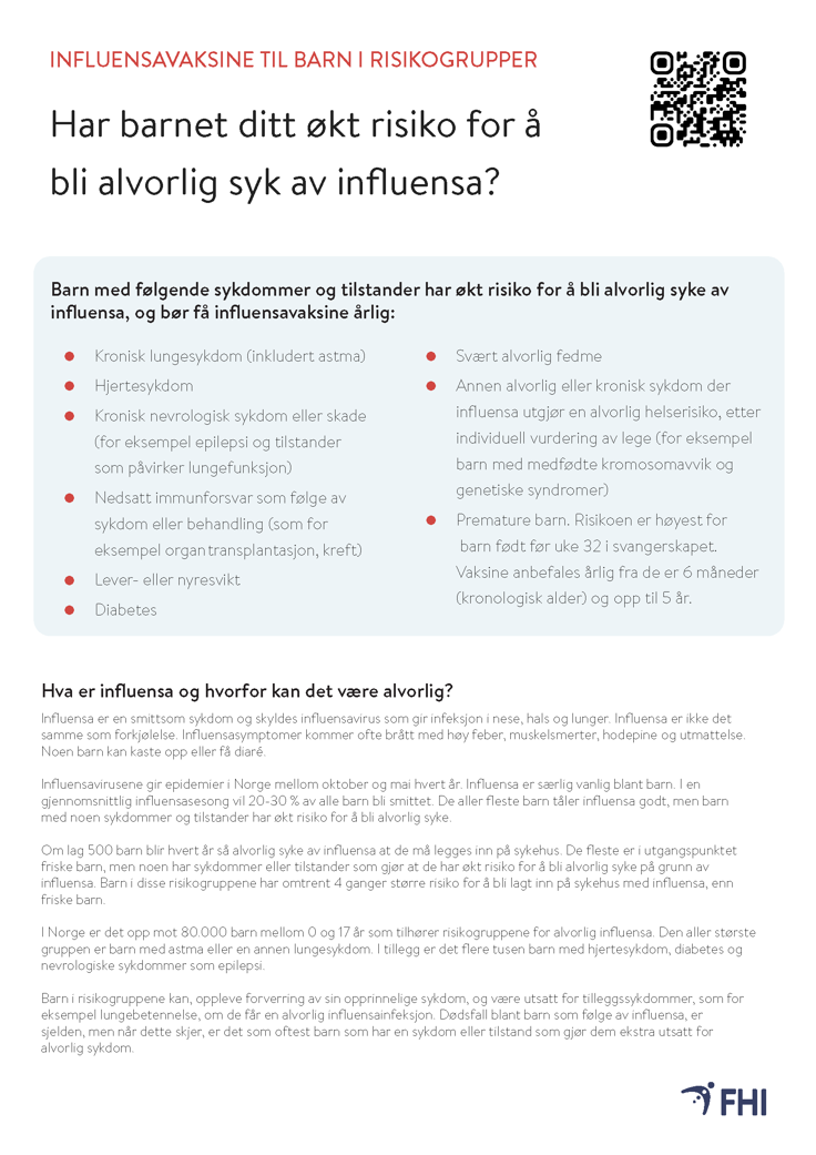 skjermdump av førstesiden på infoskriv om influensavaksine til barn i risikogrupper