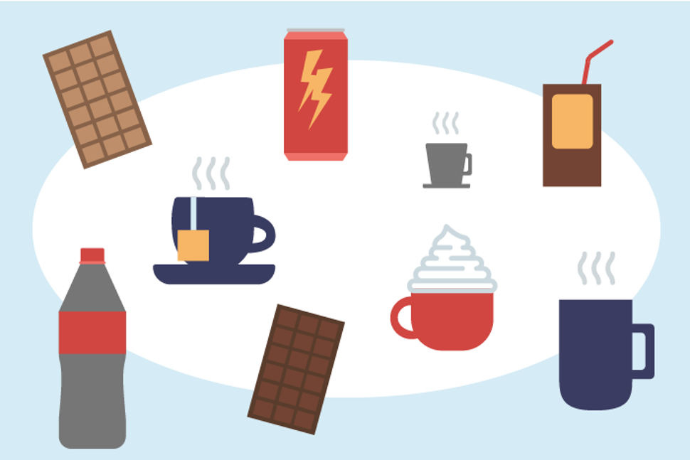 Både mørk og lys sjokolade, kakao, filterkaffe, espresso, energidrikk, svart te og sjokolademelk inneholder koffein som kan ha en helseeffekt
